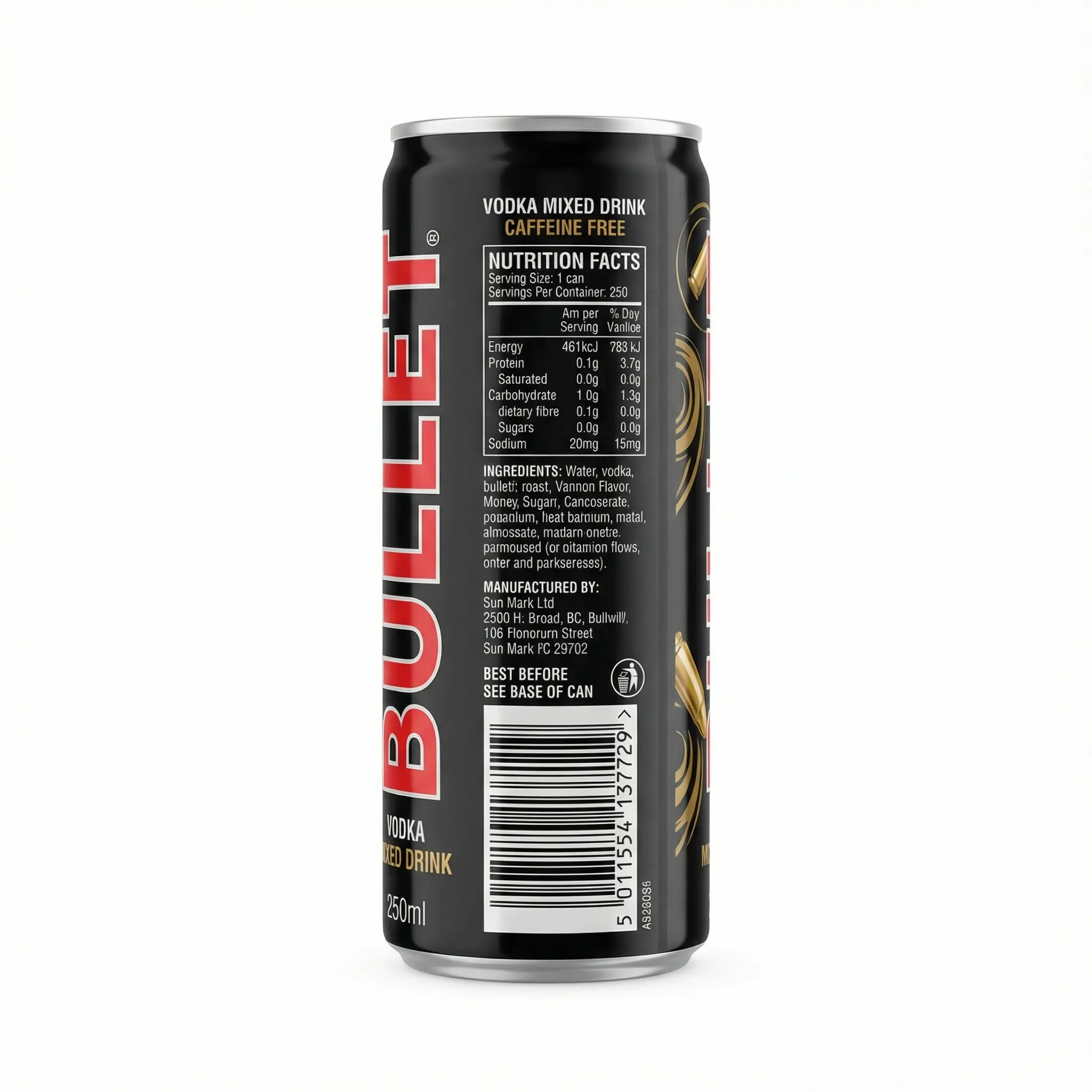 informations canette boisson Bullet 250ml noir et rouge